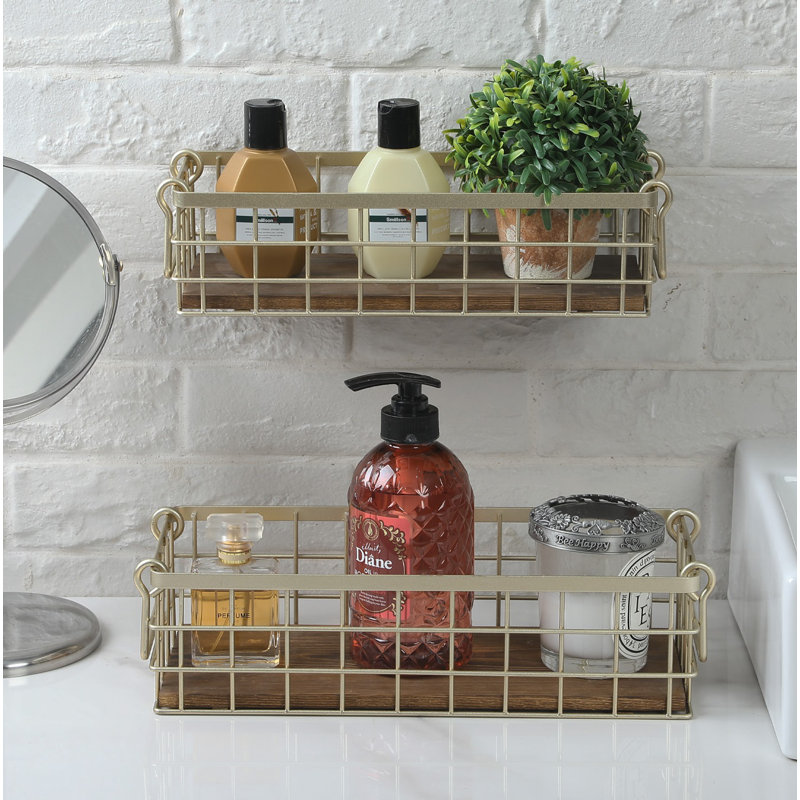 Metal and Solid Wood Decorative Basket, Brass