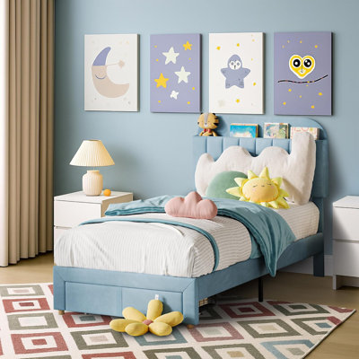 Twin Platform Bed with Velvet Upholstered Bookcase Headboard, Heavy Duty Steel Frame for Kids and Girls, Light