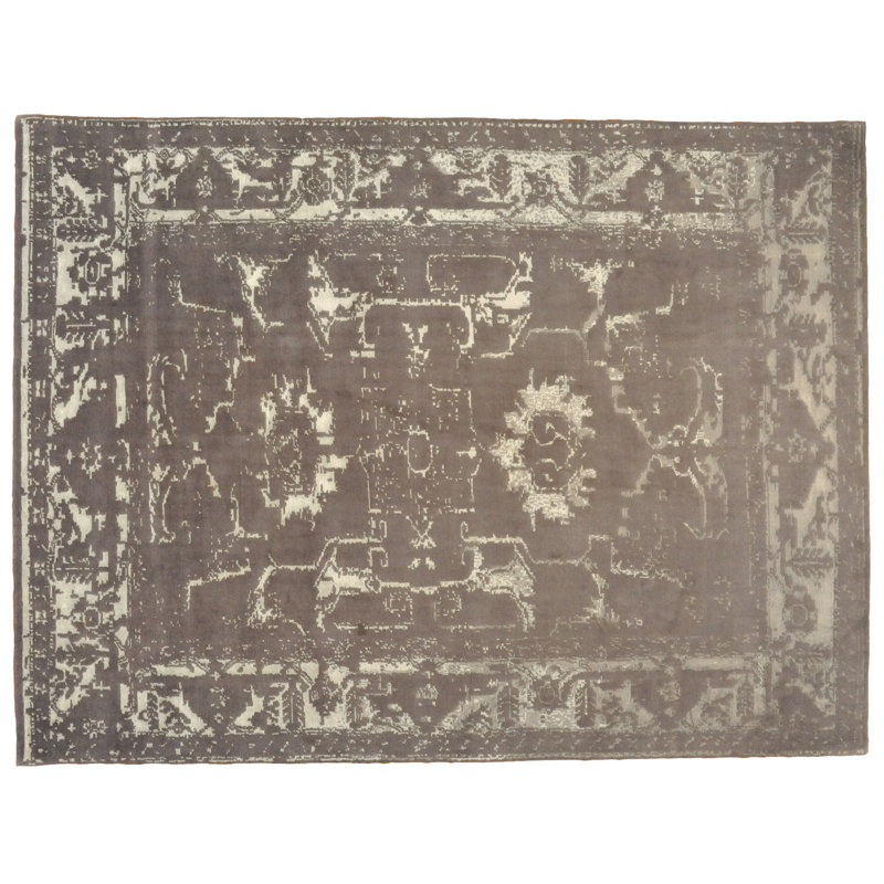 Tapis taupe noué à la main de conception unique 9 pi x 11 pi 10 po