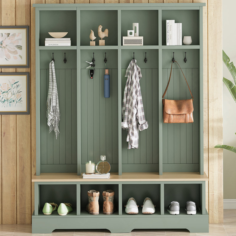 Arbre d'entrée de style campagnard avec 8 crochets, banc d'entrée pratique avec compartiments ouverts, porte-manteau et porte-chaussures moderne en bois 3-en-1 de H 76,7 po de hauteur pour vestibule, salon, vert menthe (ANCIEN SKU: N721P292601M)