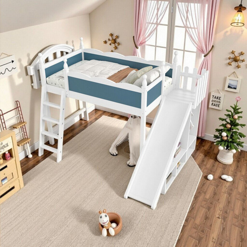 Grand lit mezzanine double en bois massif avec tablettes de rangement et glissoire amovible, Twin, White+Blue