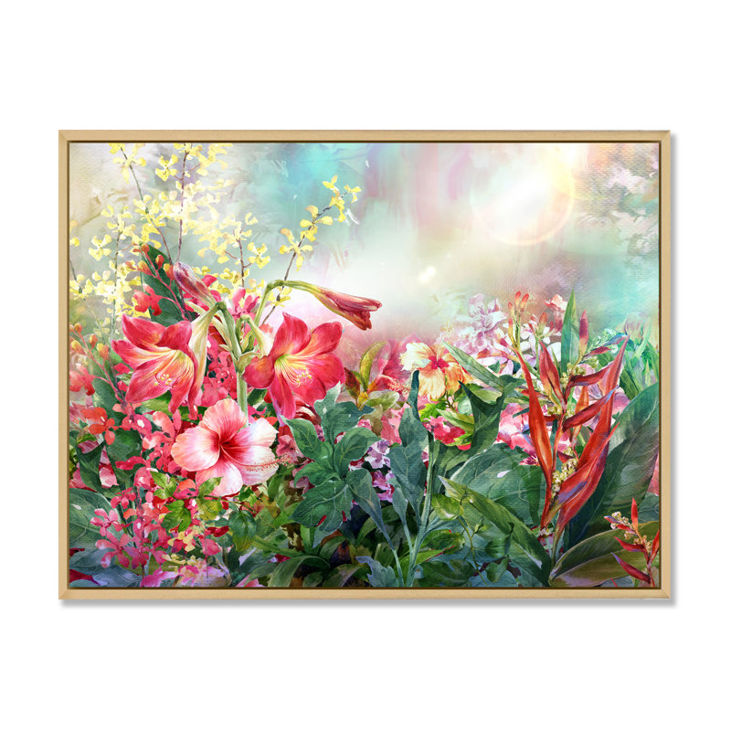 Impression de fleurs multicolores printanières sur toile, H 24 po x l 36 po x P 1 po, Cadre flottant brun