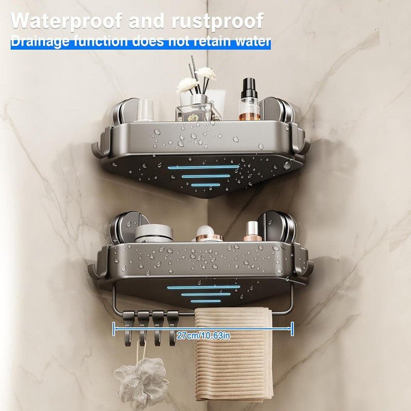 Ensemble de 2 paniers de douche à ventouse - gris - organisateur antirouille sans support avec porte-serviettes et crochets, support de rangement de salle de bain amovible