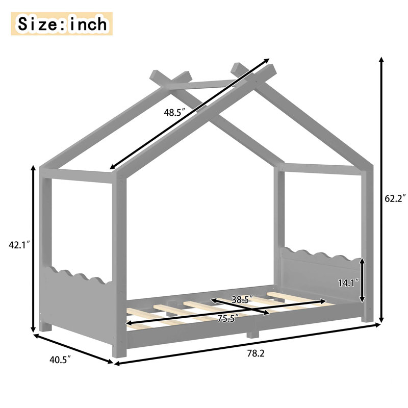 Lit simple au sol avec lattes de soutien, structure de lit en bois massif, pas de sommier tapissier et ouverture, Gris