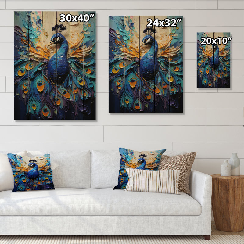 Impression de plumes de paon I sur bois, H 32 po x l 24 po x P 0,78 po