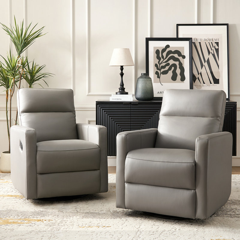 Sumbul Genuine Leather Upholstered Swivel Rocker Recliner, Gray