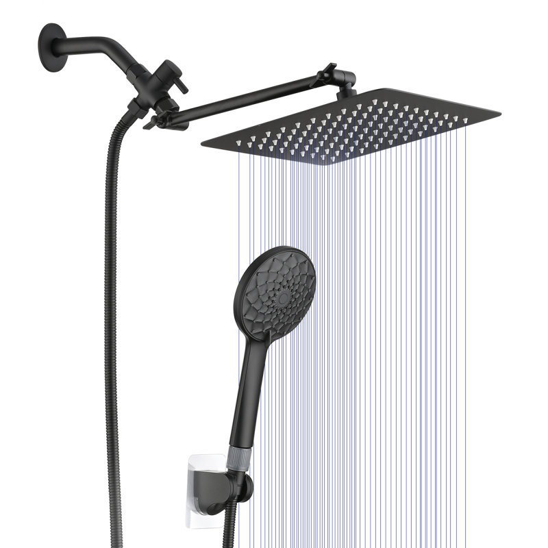 Pomme de douche, pomme de douche à pluie haute pression de 10 pouces / combiné de douche à main avec bras d'extension de 11 pouces, pomme de douche Antileak réglable à 6 réglages avec support / tuyau, hauteur / angle réglable