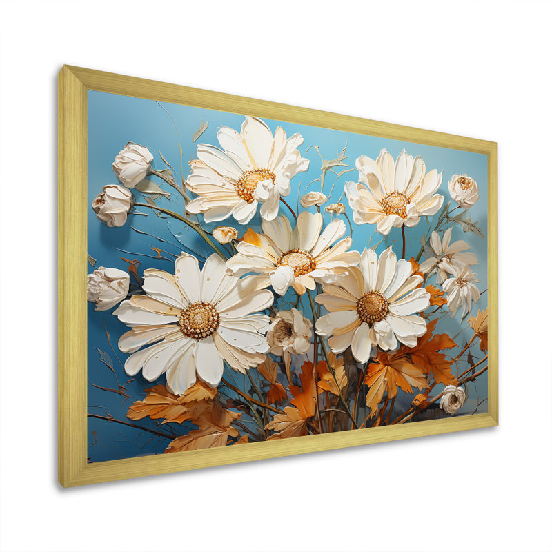 «White Daisy Efflorescence Bouquet Serenity II», reproduction sur toile, Cadre doré simple, H 32 po x l 16 po x P 1 po