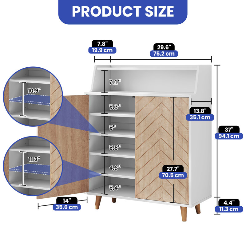  5-Tier Shoe Storage Cabinet with Doors and Open Shelves, White