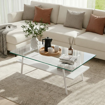 Modern Rectangle Glass Coffee Table with Wood Shelf & Metal Frame, Modern Living Room Table