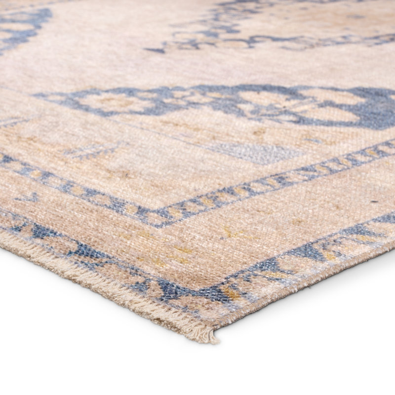 Vibe by Bungalow Rose Debolo Medallion Machine Washable Tan/Blue Area Rug, Rectangle 4' x 6'