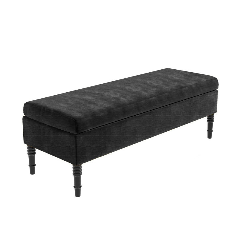 Safar Plain Ottoman Storage Bench – Upholstered Naples Shoe Bench with Black Turned Wooden Legs, Black
