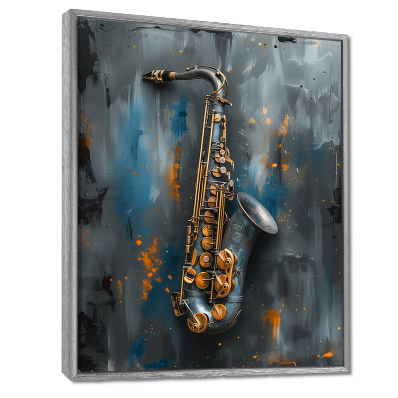 «Blue Gray Music Instument Saxophone», reproduction d'art mural, Cadre argenté flottant, bois massif, H 12 po x l 20 po
