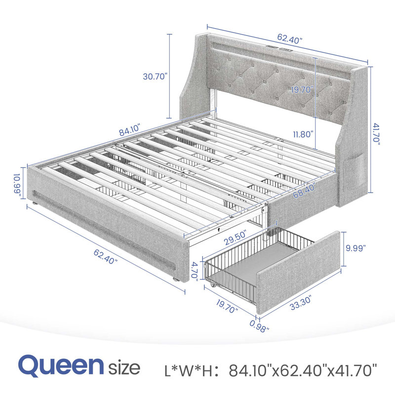 Bed Frame with LED Lights,Upholstered Wingback Storage Bed with Built-in Outlets & 4 Drawers, Black, Queen