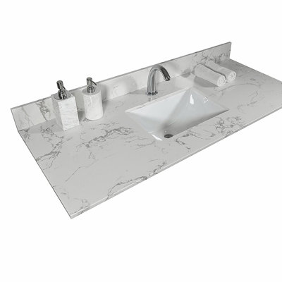 Montary 43x22 inch bathroom artificial stone countertop, engineered stone Carrara white marble color, with rectangular undermount ceramic sink