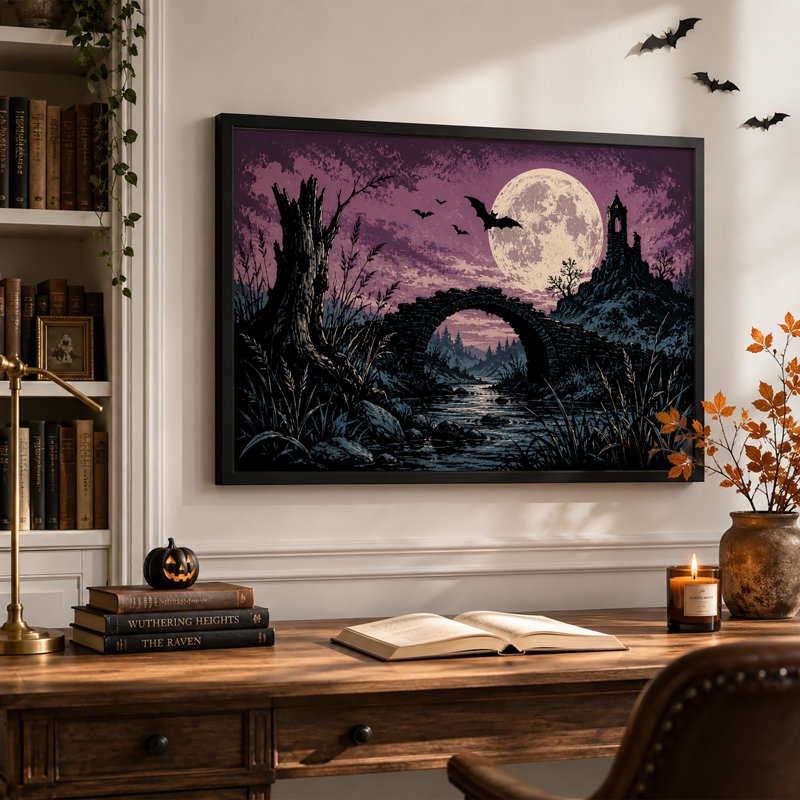 Pont de pierre et tour en ruine sous une lune violette - Toile murale d'Halloween, H 12 po x l 18 po