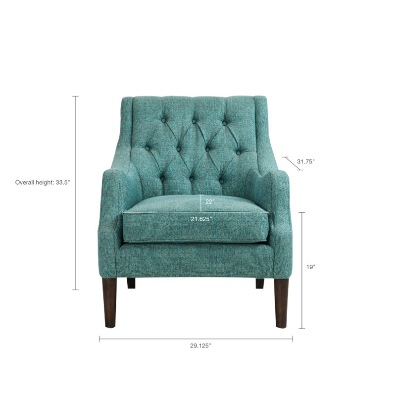 Fauteuil inclinable à boutons de style transitionnel, bleu sarcelle, structure en bois massif, pieds décoratifs, tissu, siège amovible