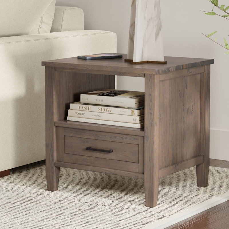Smoky Brown Solid Wood End Table with Storage Drawer