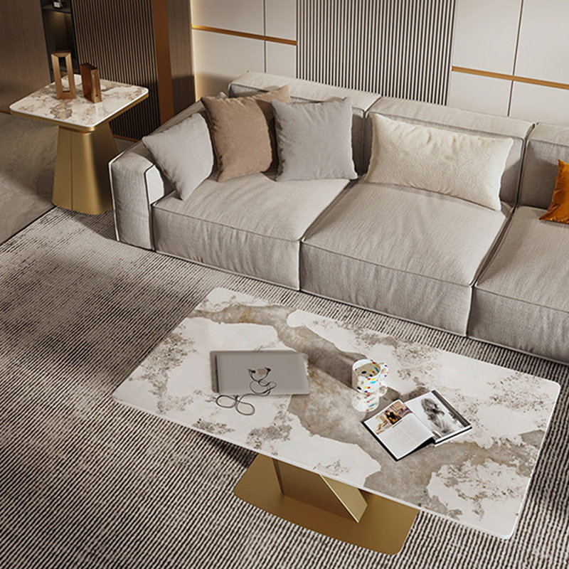 Ensemble de tables basses de salon haut de gamme, H 17,71 po x L 51,18 po x l 27,55 po, Blanc / Taupe, Doré