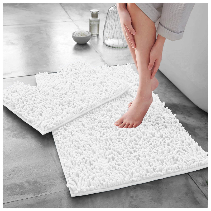 Modern 2 Piece Bathroom Rug Set Microfiber Chenille Bath Mat & Pedestal Mat Super Soft Non Slip Absorbent Washable, White