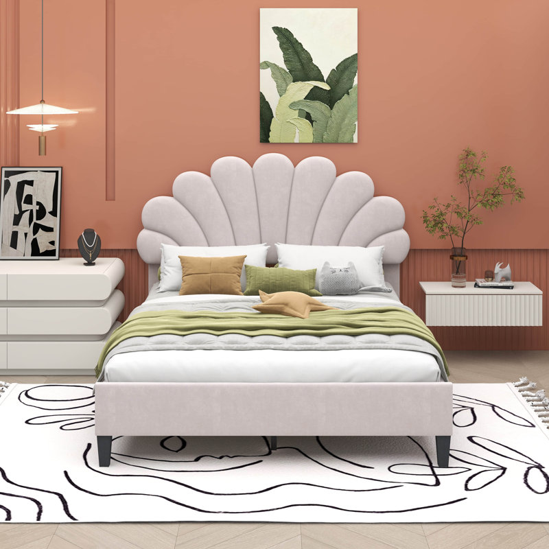 Upholstered Platform Bed with Flower Pattern Velvet Headboard, Full, Beige