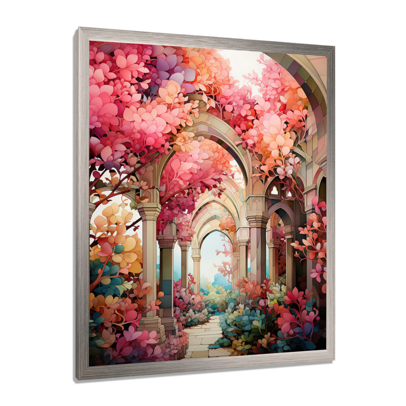 «Swante Pink Bridge Whimsical Arches», reproduction sur toile, Cadre simple argenté, H 20 po x l 12 po x P 1 po