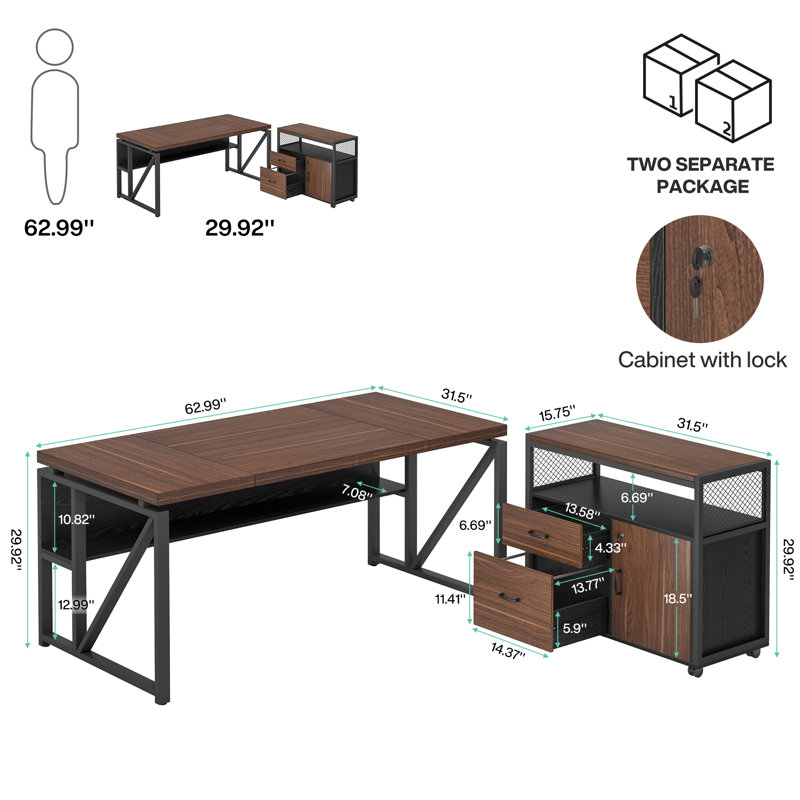 Bureau de direction et classeur latéral 2 pièces Lympsham, H 29 po x l 63 po x P 55 po, Brun foncé / noir