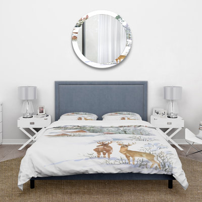 Winter Cottage With Two Deers - Farmhouse Duvet Cover Set - Microfiber Polyester