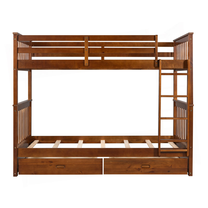 Lit superposé simple au-dessus de simple avec échelles et deux tiroirs de rangement (noyer), Walnut