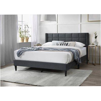 Elegant Modern Full Size Bed With Upholstered Box Design Headboard And Brushed Linen, Ideal For Contemporary Bedrooms.