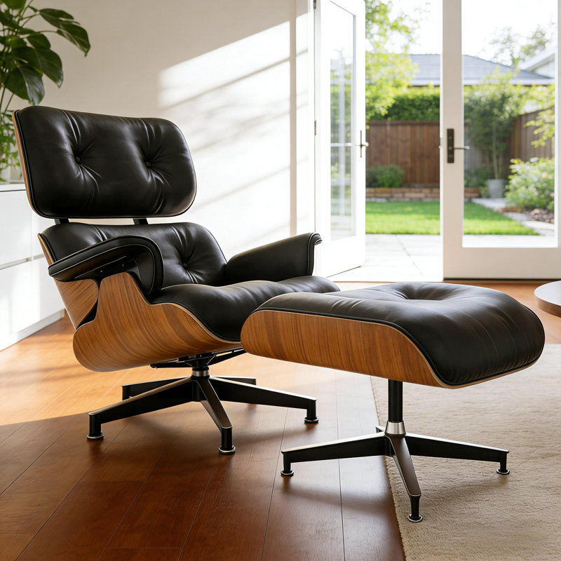 Chaise longue en cuir avec repose-pieds, structure en bois massif, base en alliage d'aluminium, Bois clair / noir