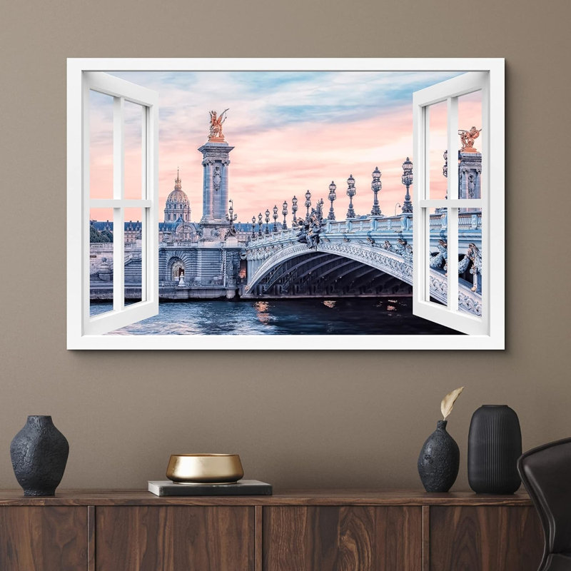 Fenêtre de paysage «Vue de fenêtre Pont-de-la-rivière-seine, paris, France, nature, paysages pittoresques» sur toile