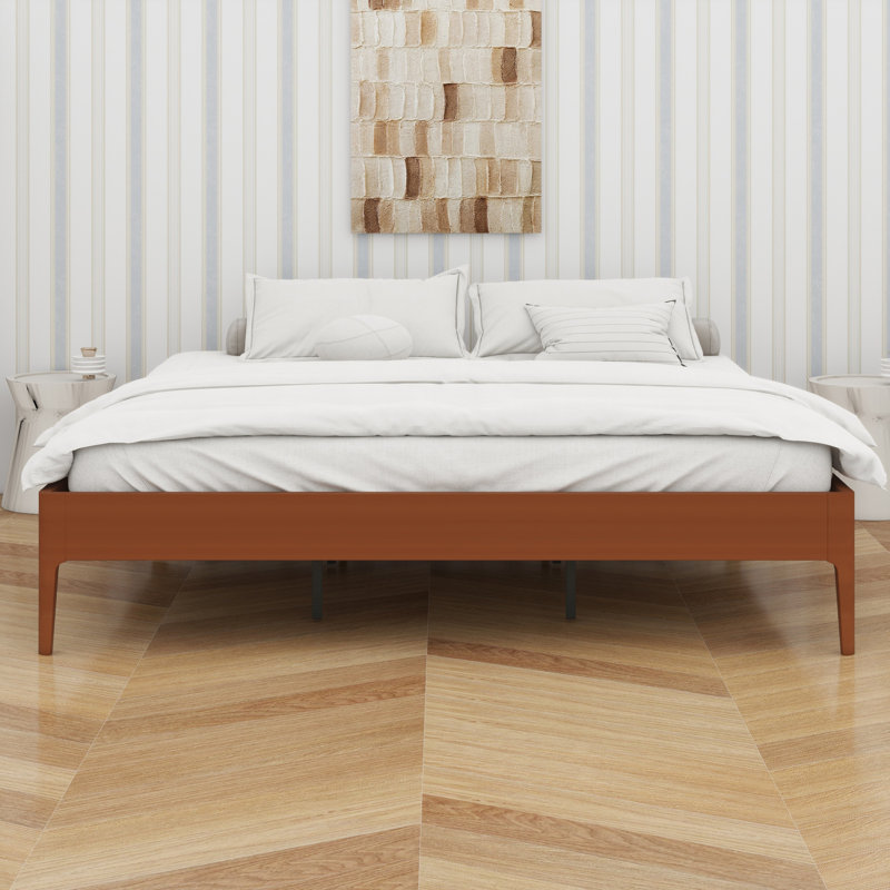 Classic Wood Platform Bed Frame with Wood Slat Metal Support, Brown, King