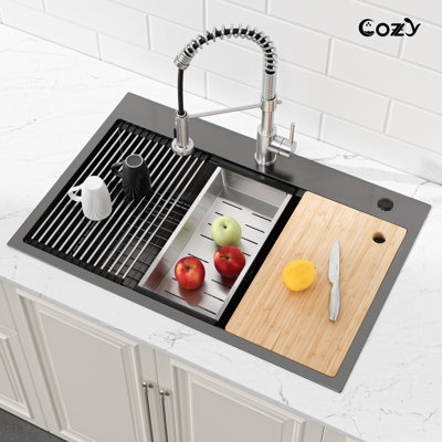 33" L Overmount Handmade Kitchen Sink Stainless Steel Single Bowl Sink with Cutting Board, Drying Rack and Dish Grid