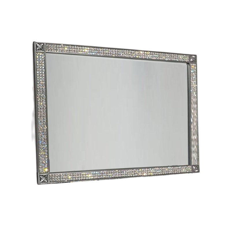 Miroir de commode Laine, cadre à garniture en cristal, bois massif gris de 46 pouces