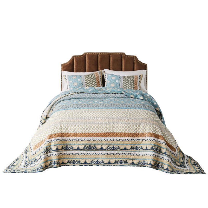 Thalia Blue and Brown Cotton King Reversible Bedspread Set