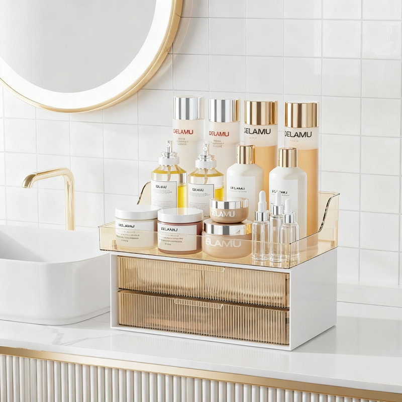 Bathroom Organizer Countertop 2-Tier with 2 Drawers, Makeup Vanity Storage (Amber)