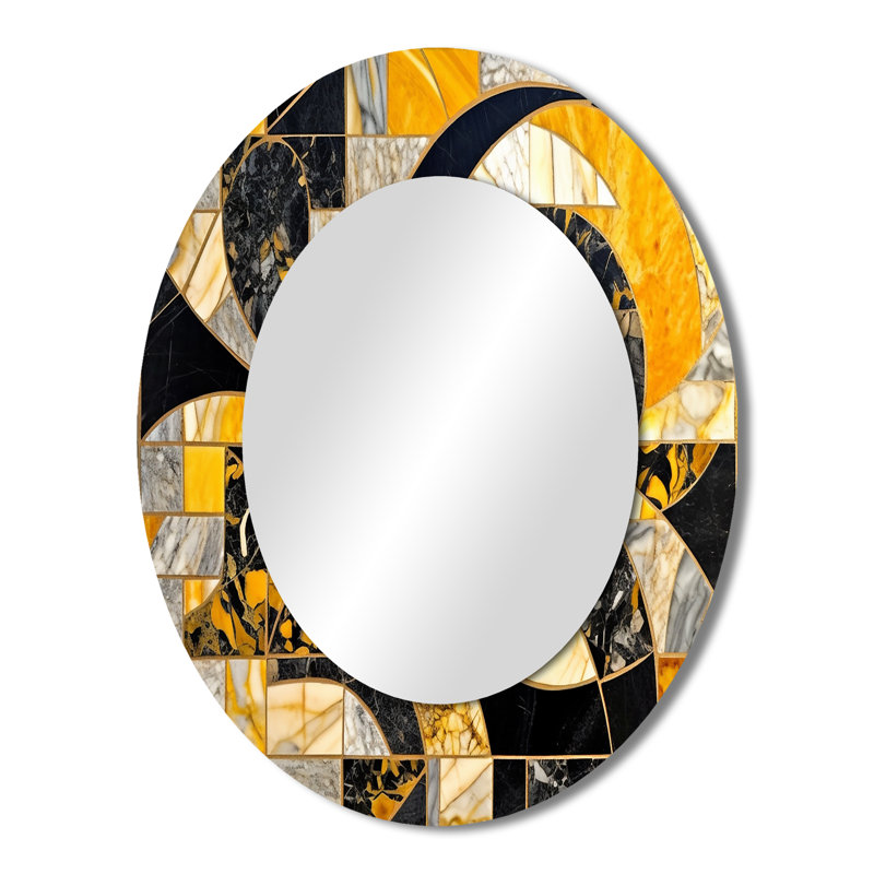 Gold And Black In Motion II - Abstract Oval Decorative Mirror On Metal, 43" x 33"