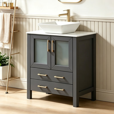 30'' Grey Modern Freestanding Bathroom Vanity with Square Ceramic Vessel Sink & Matte Stone Top