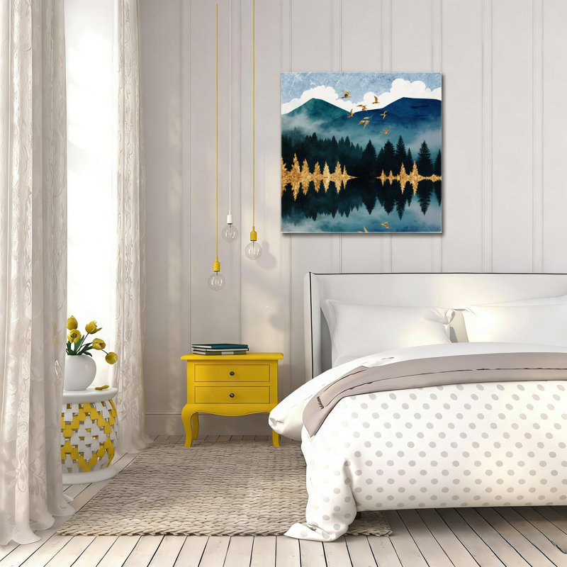 «Mountain Lake Golden Pines», art mural encastré en bois, 16 L x 16 l