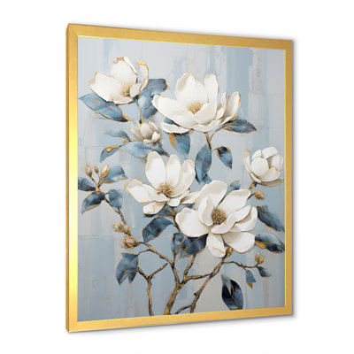 Minimalism White And Blue Magnolias Florescence I - Magnolias Framed Prints