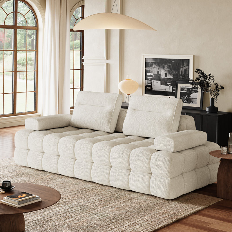 Boneless 88'' Wide Modular Upholstered Sofa Chenille Tufted Cloud Couch, Beige White