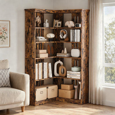 Tall L-Shaped Corner Bookshelf - 5-Tier Wooden Bookcase - Open Storage Display Rack for Living Room or Office - Rustic Farmhouse, Anti-Tip, Easy Assembly, Classic Color Half Back Panel