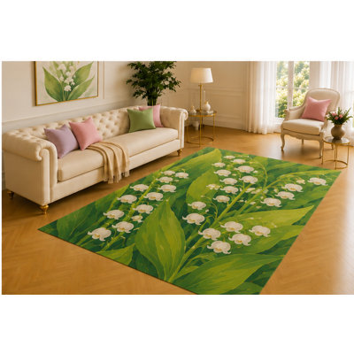 "Ultra Lightweight" 5'x7' Lily of the Valley Rug, White Bell Flowers Among Lush Green Leaves, Refreshing Botanical Decor for Living Room, Bedroom, Sunroom or Reading Nook
