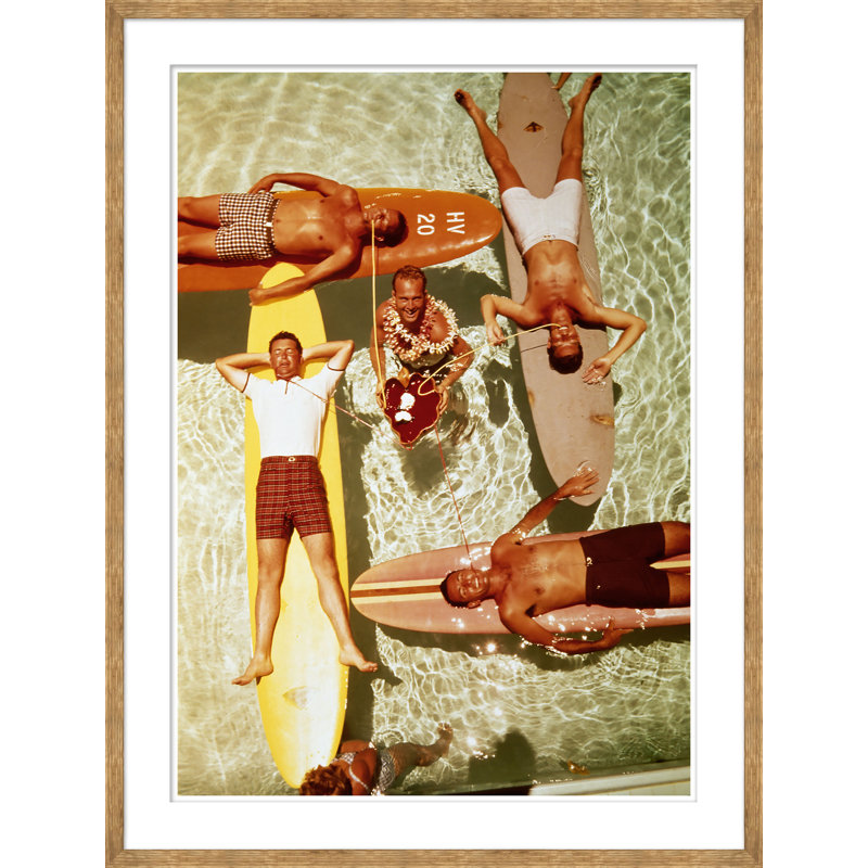 Men on Surfboards in Pool Sipping Drinks Framed