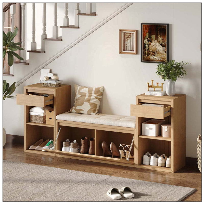 Banc de rangement tout-en-un avec coussin, compartiments, tiroirs et tablettes ouvertes, banc de rangement, Brown