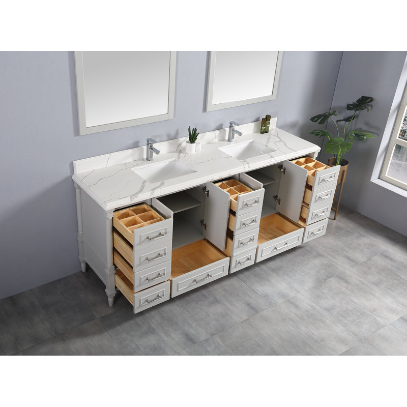 Ensemble de meuble-lavabo double 84 po Flavell, Gris Coventry, Calacatta, bordure double ogee