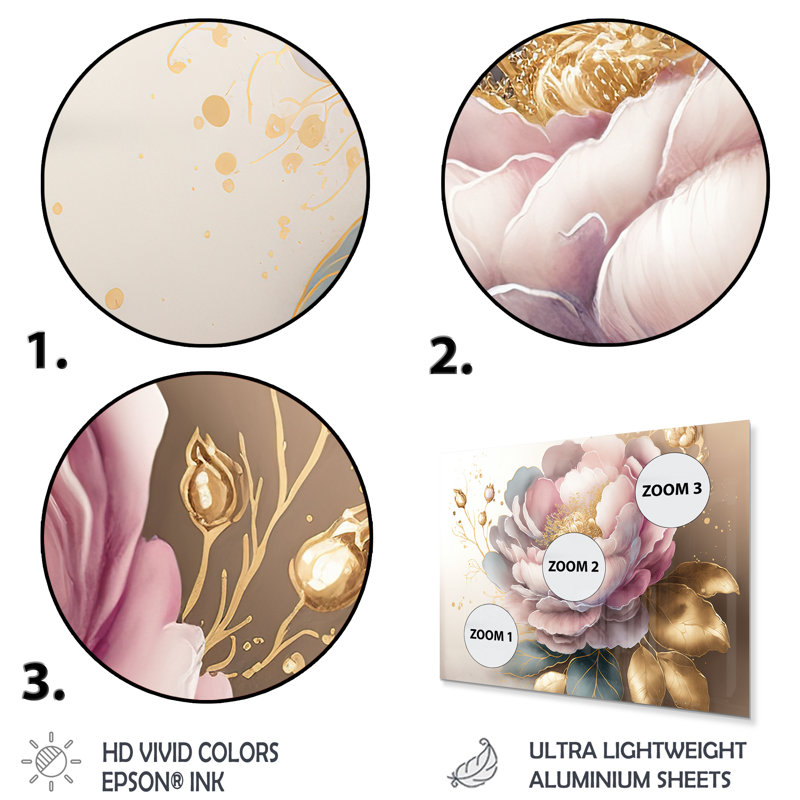 Pink And Gold Camellia Flower II  Flower Metal Wall Decor, 24" H x 32" W