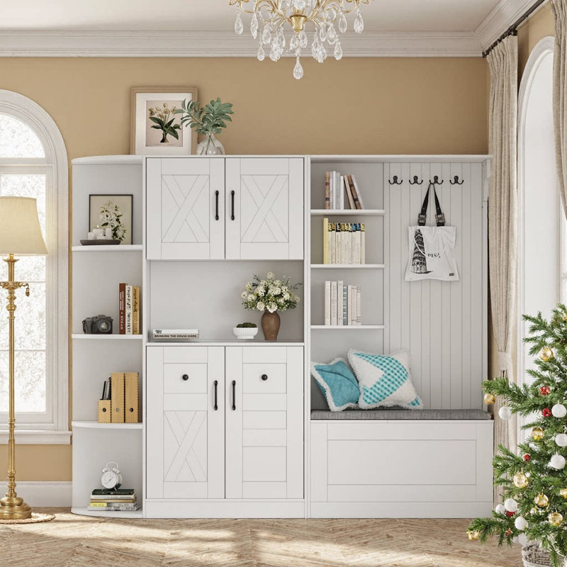 Multi-Functional 2-In-1 Hall Cabinet With Storage & 4 Hooks, White