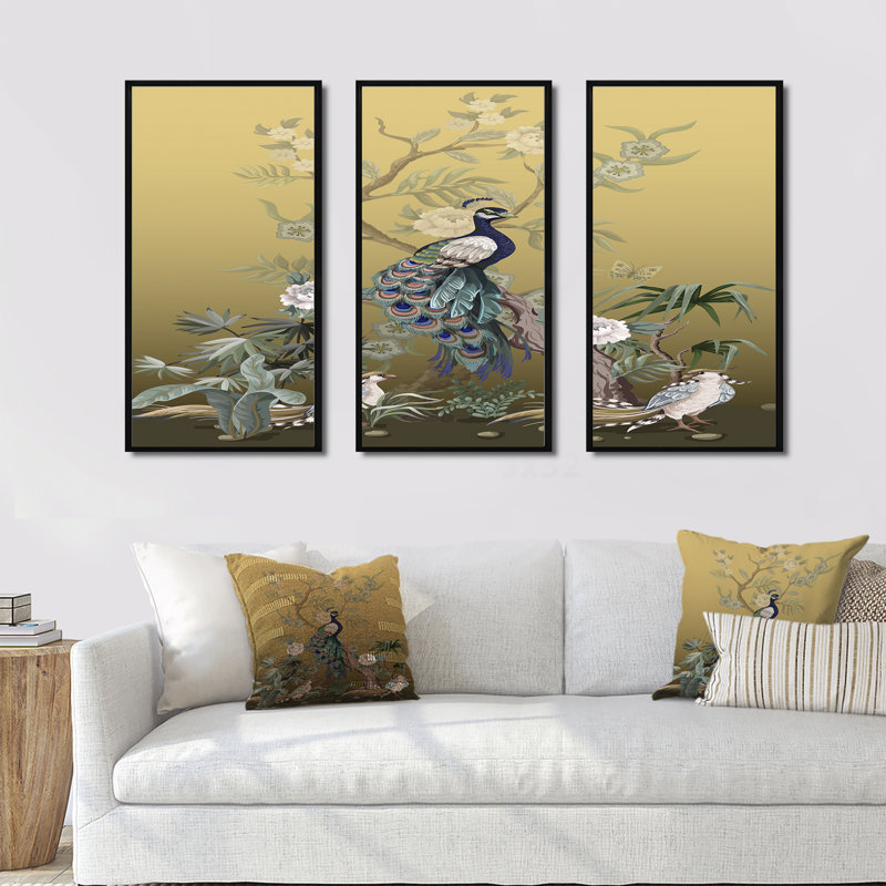 Chinoiserie avec oiseaux et pivoines VI - ensemble de 3 toiles encadrées traditionnelles, H 28 po x l 36 po